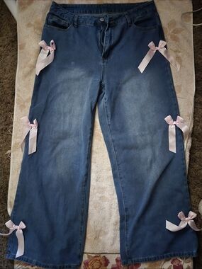 SHEIN Blue Wide-Leg Jeans with Pink Ribbon Bows 🎀